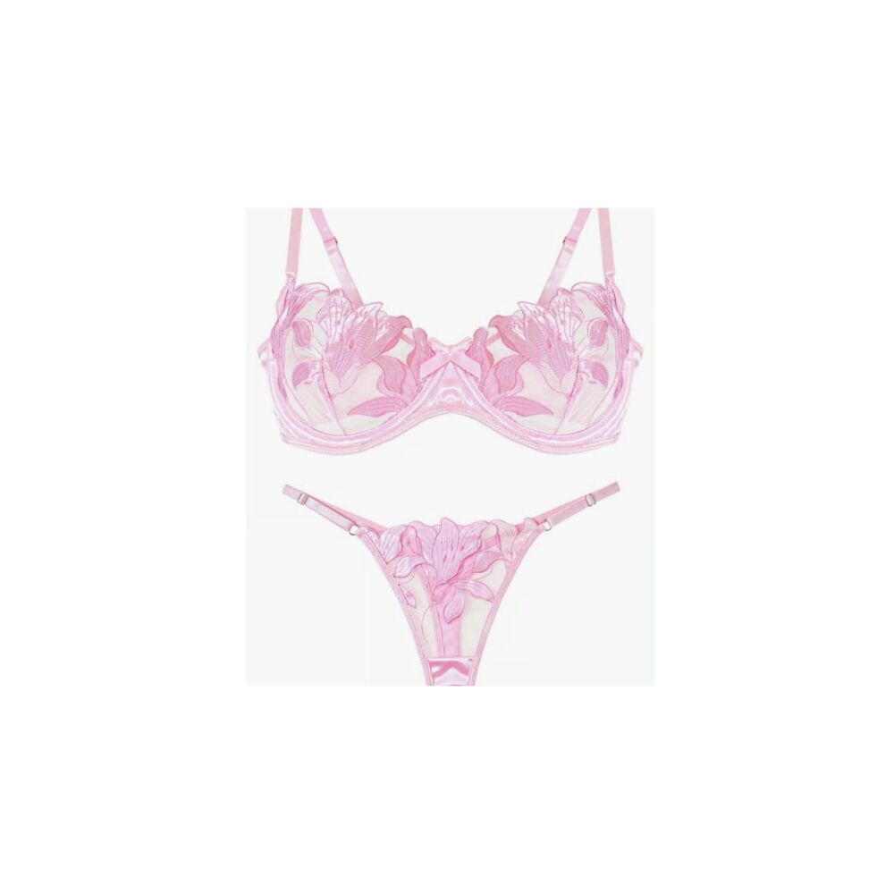 Medium Pink Embroidered Leaf Mesh Contrast Sexy Sheer Underwire Lingerie Set